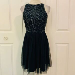 Lace & Beads Navy Blue Beaded Tulle Pleated Skirt Dress Medium